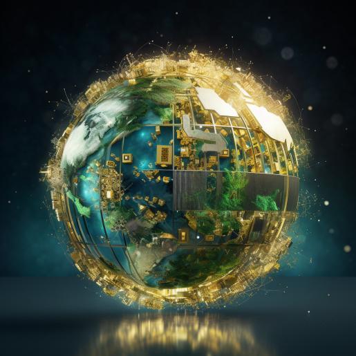 Shiny gold and electronic components encircle the earth.
