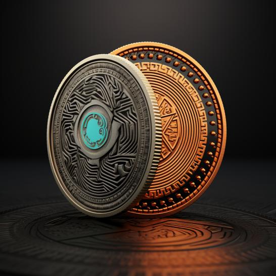 A picture of a bitcoin coin with a small blue gemstone.
